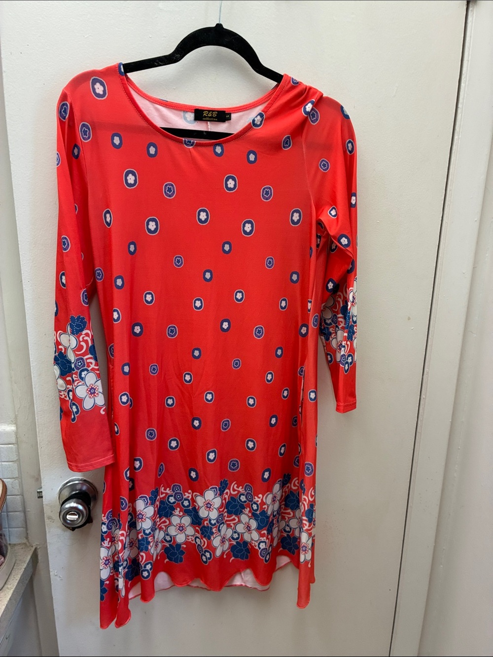 Coral Floral Midi Dress with Navy Accents